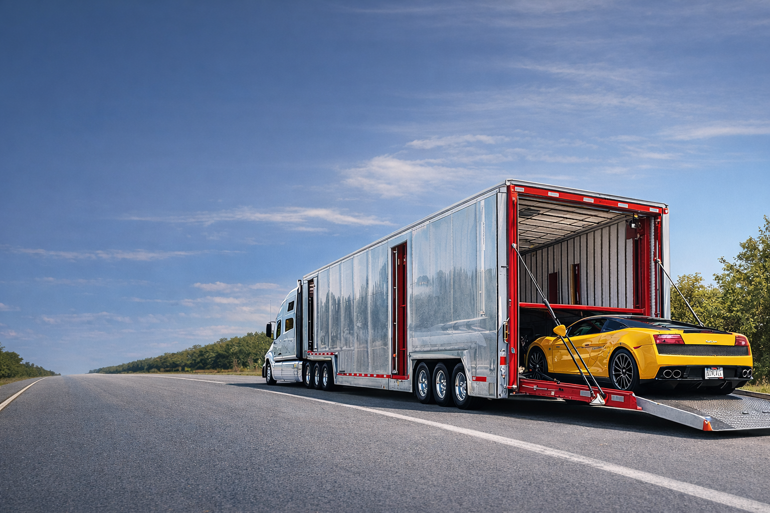 Enclosed car hauler parked on an open road with a sports car loaded inside